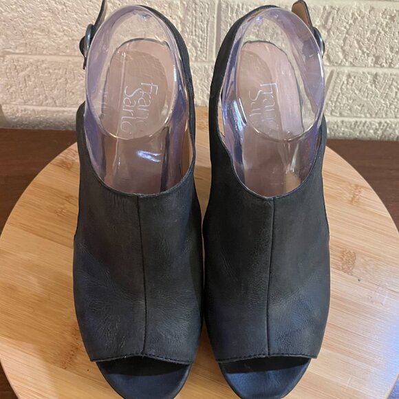 Franco Sarto Gabriel Black Peep Toe Leather Slingback Cork Heel Size 9.5 - Picture 6 of 9